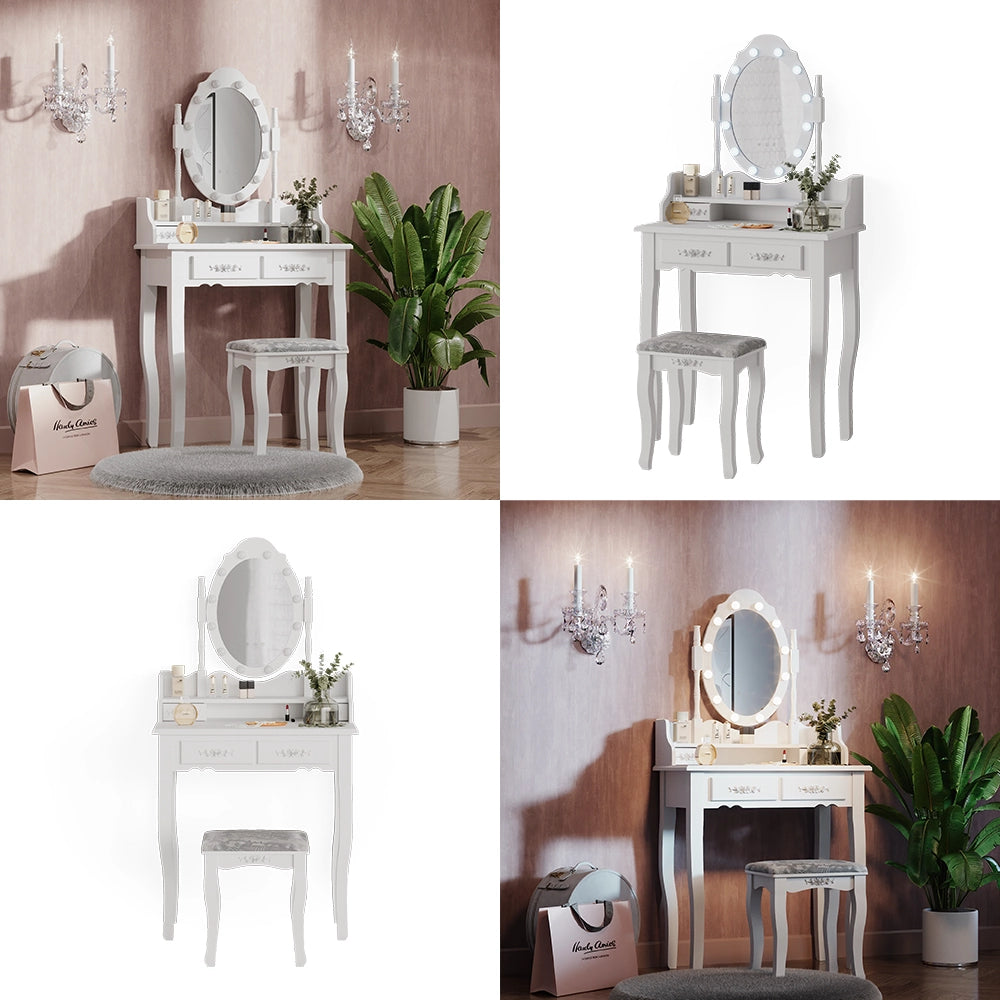 Vicco Tavolo da toeletta Bianco 75 cm con illuminazione LED e sgabello