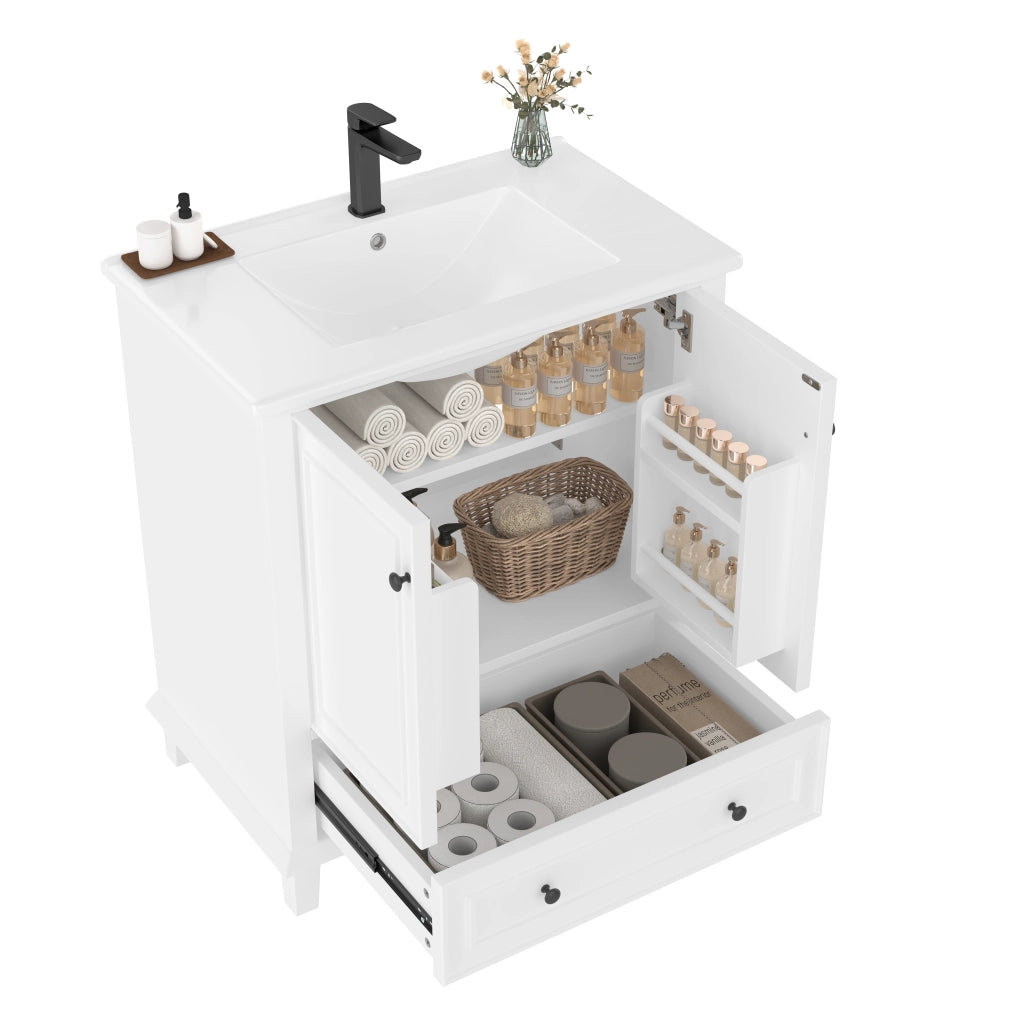 Mobile sottolavabo da bagno con lavabo in ceramica, 2 ante, 1 cassetto e ripiano regolabile, bianco, 76 × 46 × 87 cm