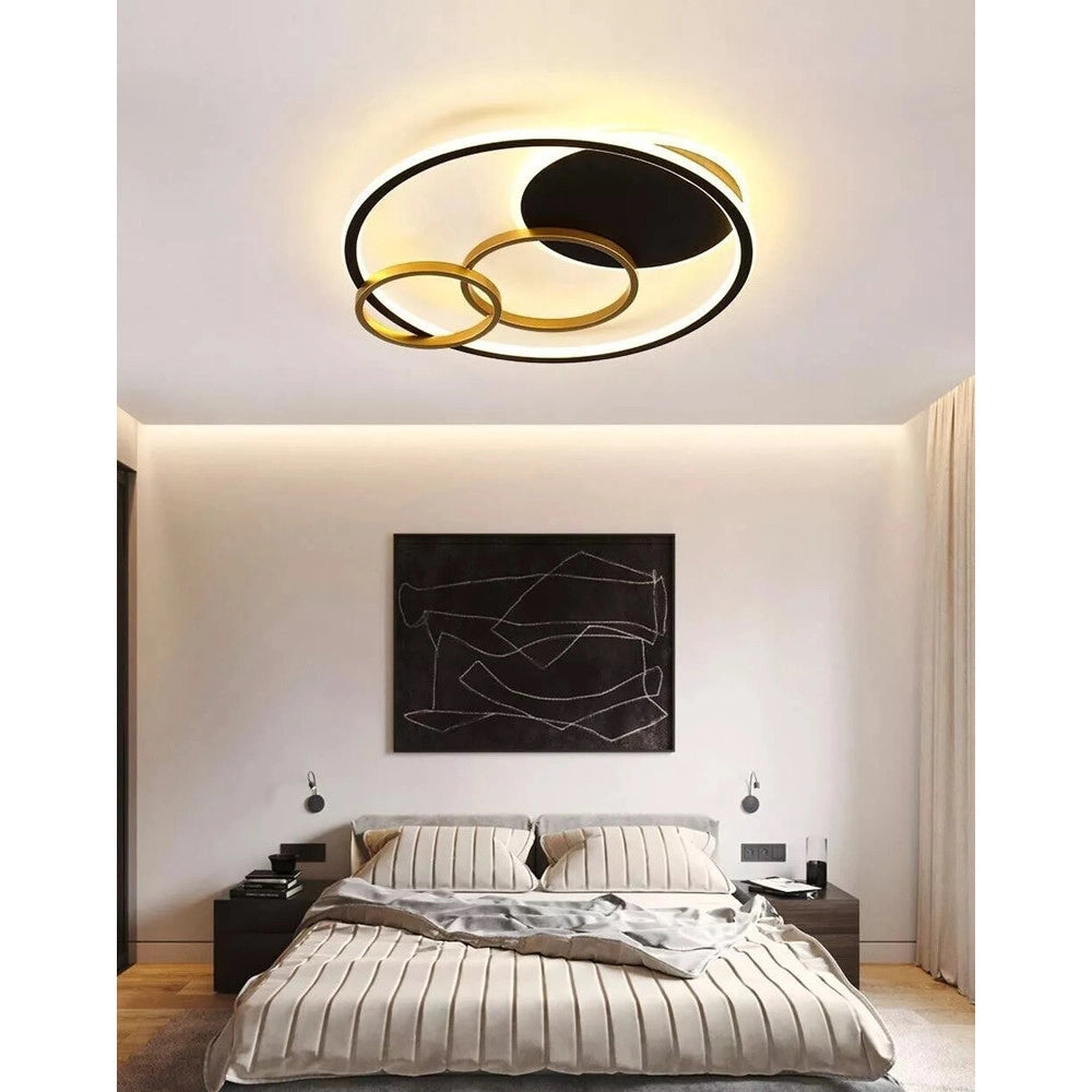 Trade Shop - Plafoniera Led 55w Tondo Con Cerchi Nero Oro Lampada Da Soffitto Luce 4000k 70876 -