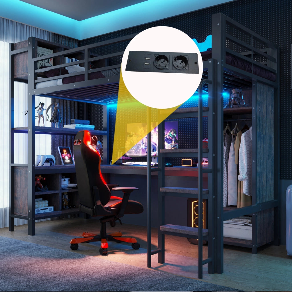 DESMIU Letto a soppalco 90 × 200 cm 1 posto con scrivania, armadio, ripiani, LED, prese, senza materasso, metallo, nero