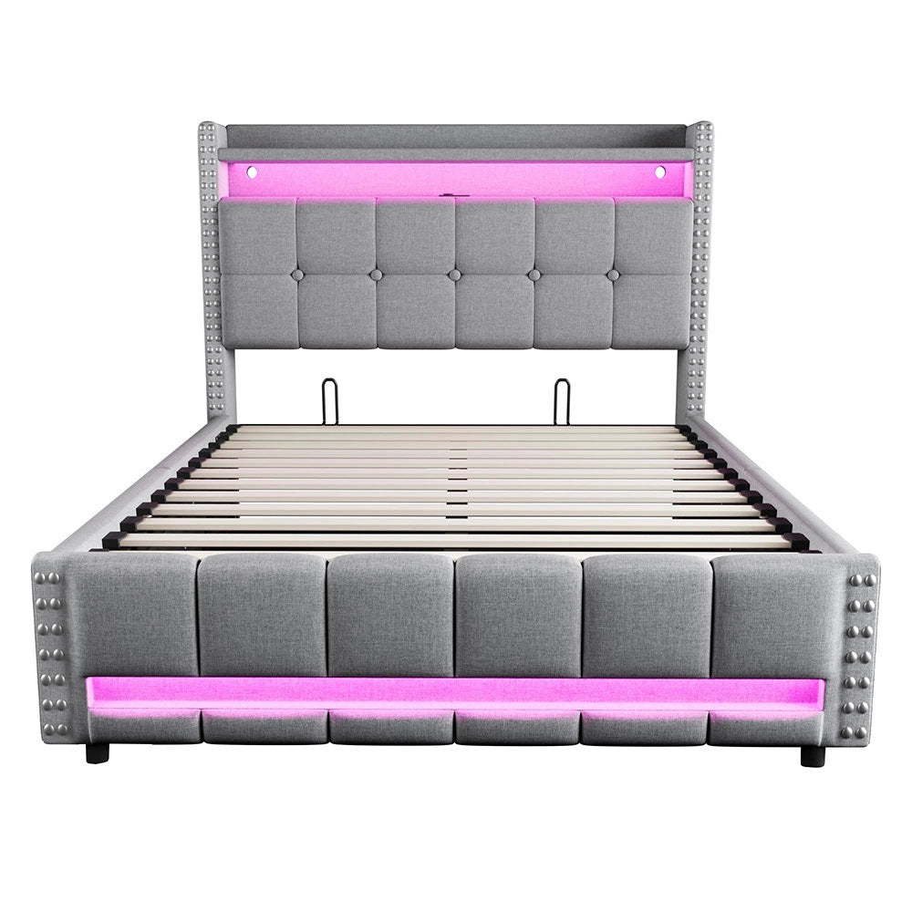 Letto matrimoniale-Xylo-140x200 cm-LED, USB, scaffale, idraulico, lino grigio