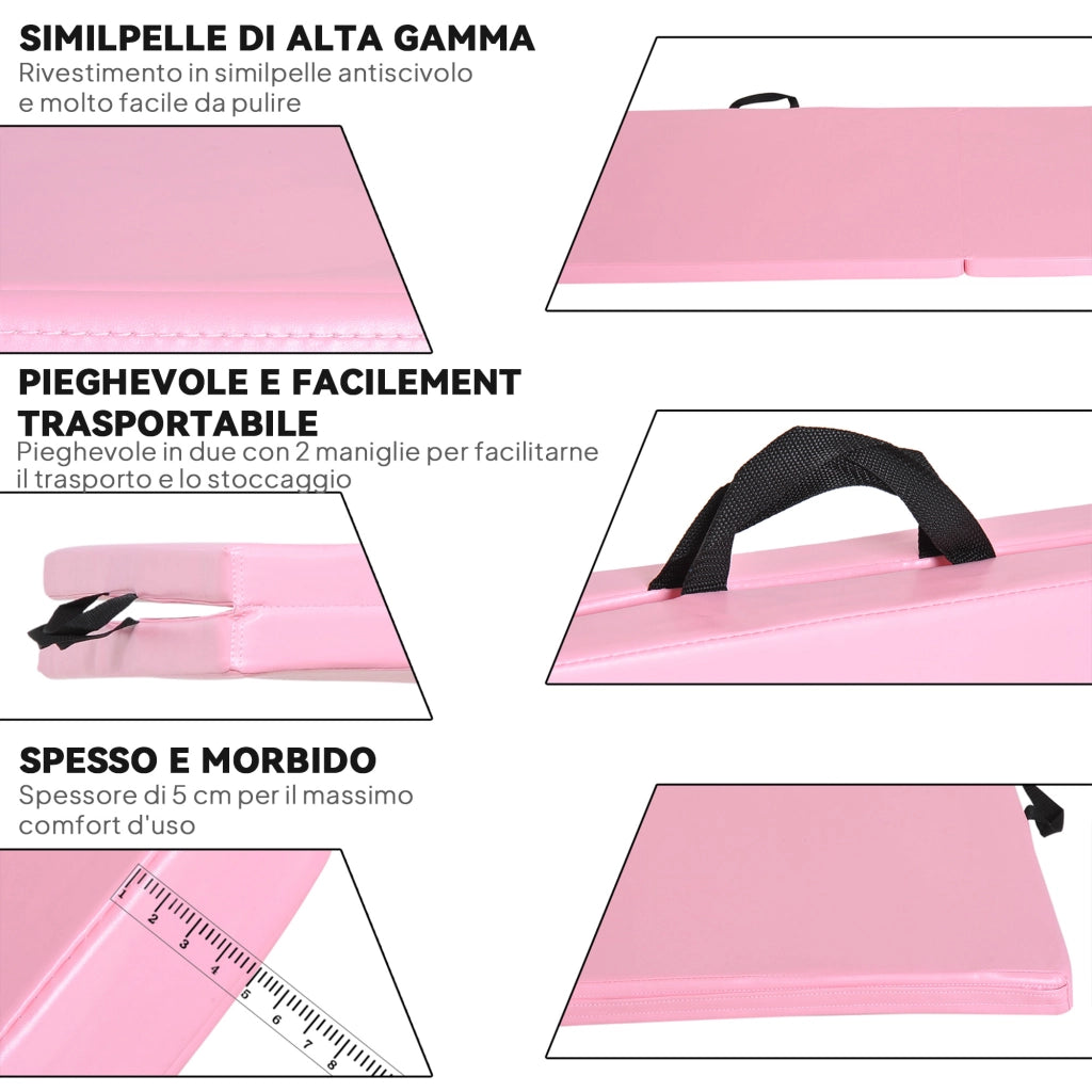 Tappetino Ginnastica Pieghevole 180x60x5 cm Materassino Fitness in PU Rosa