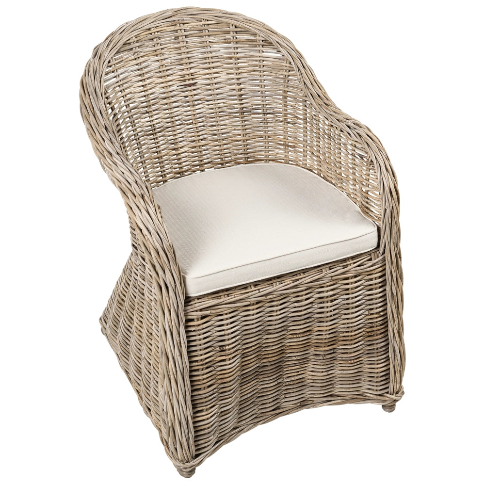 Poltrona da giardino in rattan naturale con cuscino di seduta in cotone bianco sporco per interni ed esterni