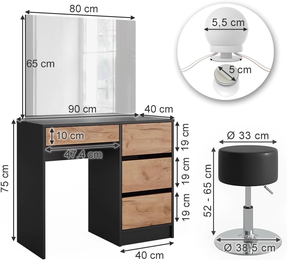 Tavolo da toilette Sherry, Antracite/quercia dorata, 90 x 75 cm con specchio, illuminazione LED e sgabello, con illuminazione a LED e panca imbottita