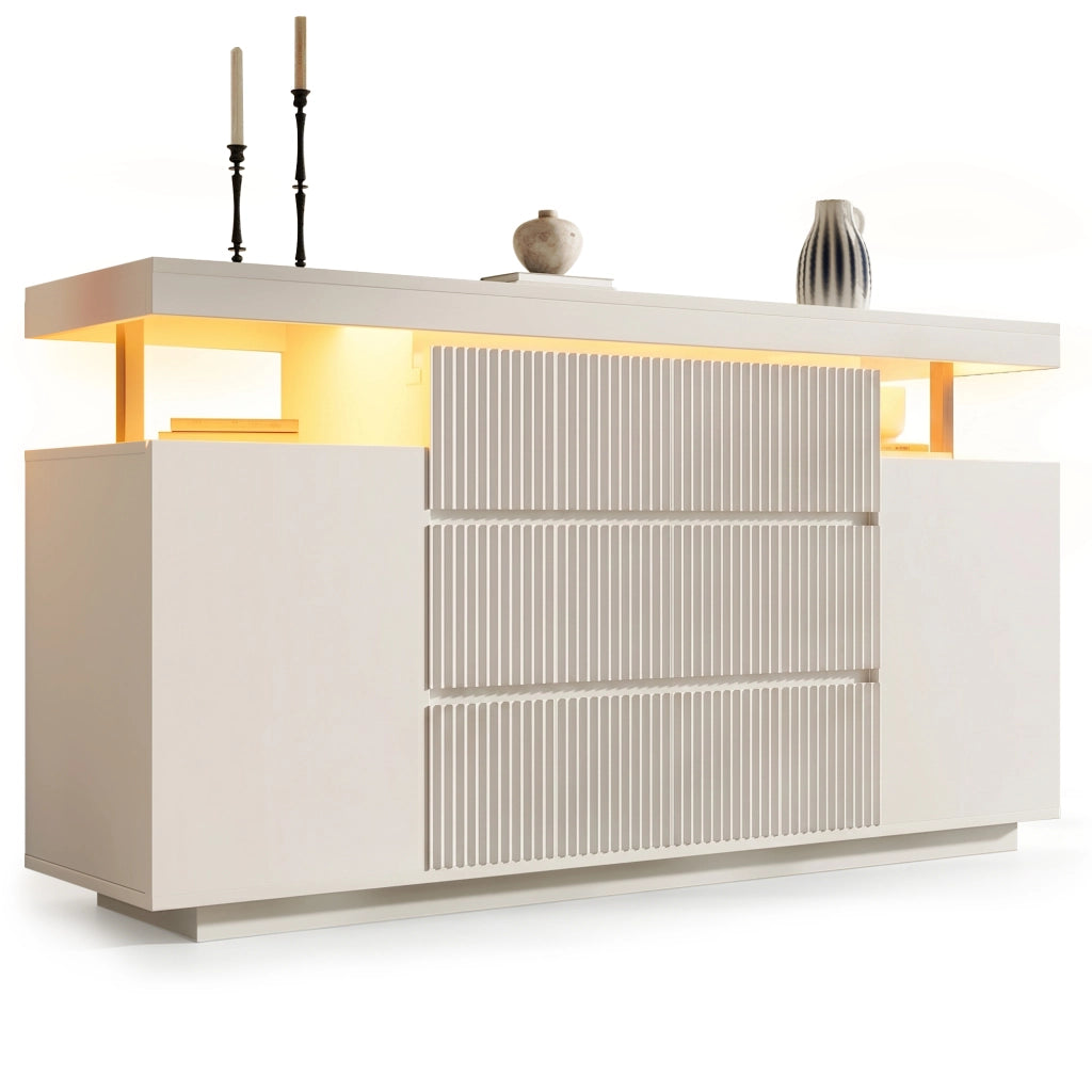 Credenza con 6 cassetti; 2 ante e illuminazione LED - per soggiorno - in MDF e metallo - 150×40×78 cm - bianco