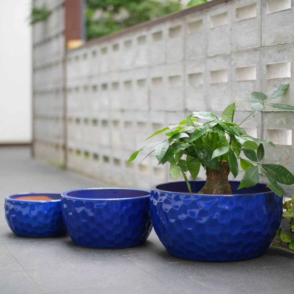 Fioriera a più livelli in ceramica rinforzata con texture a rilievo, drenaggio, blu antico 49 × 49 × 31.5 cm