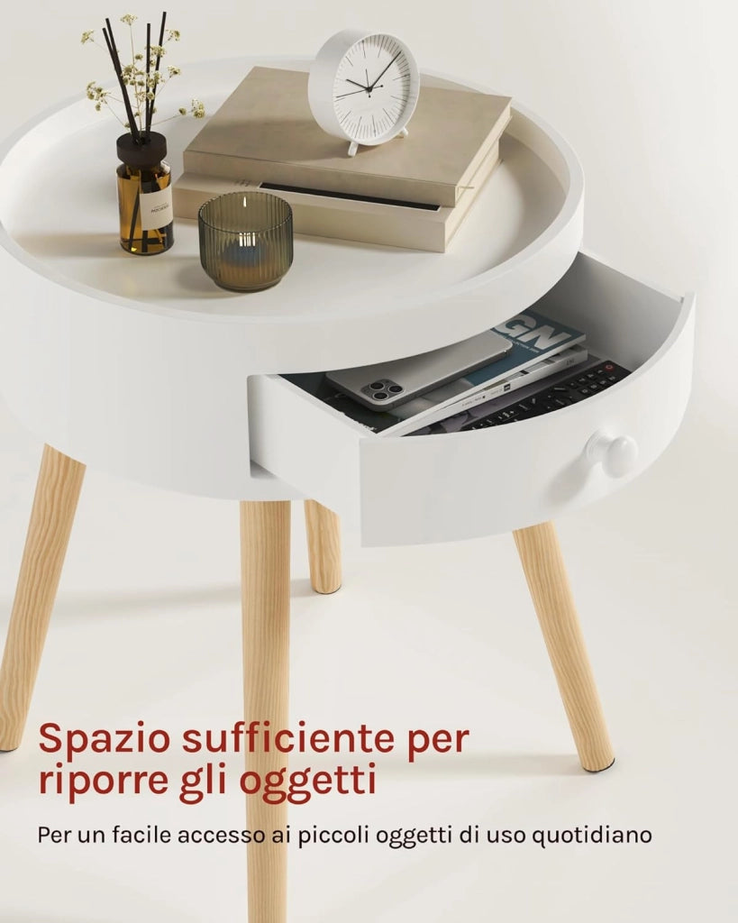 Set di 2 Comodini per Camera da Letto Comodino Rotondo con Cassetto Tavolino da Salotto in Legno Bianco TS111ws-2