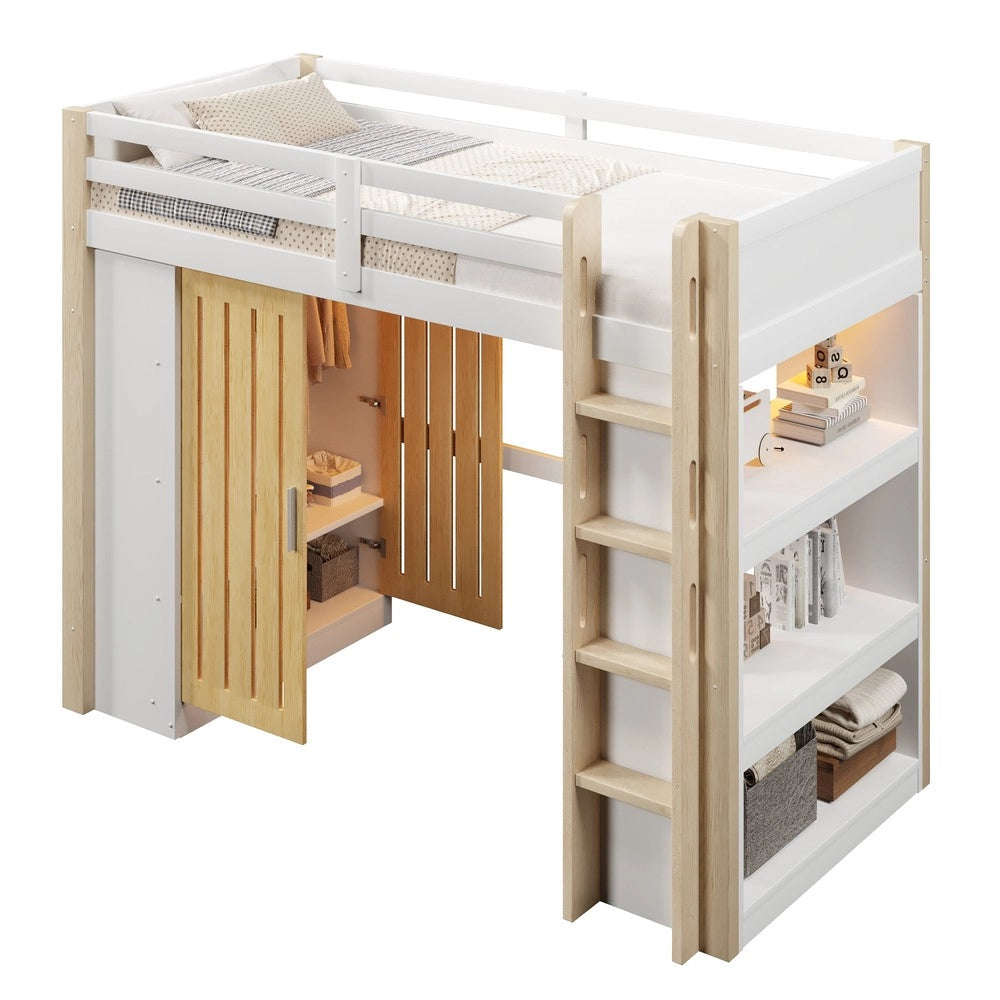 Letto a Soppalco con LED, Armadio e Scaffale ¨C MINIMAL ¨C 90x200 Bianco e Naturale
