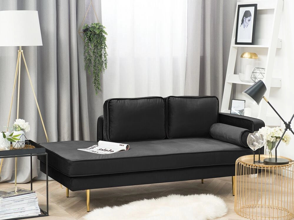 Chaise longue Nero Velluto Imbottito versione destra Orientamento Gambe In Metallo Rafforzamento Cuscino Design Moderno