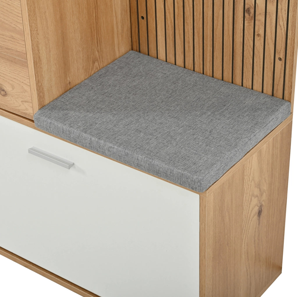 Mobile da ingresso 120x32x178 cm bianco e naturale con specchio， panca e LED