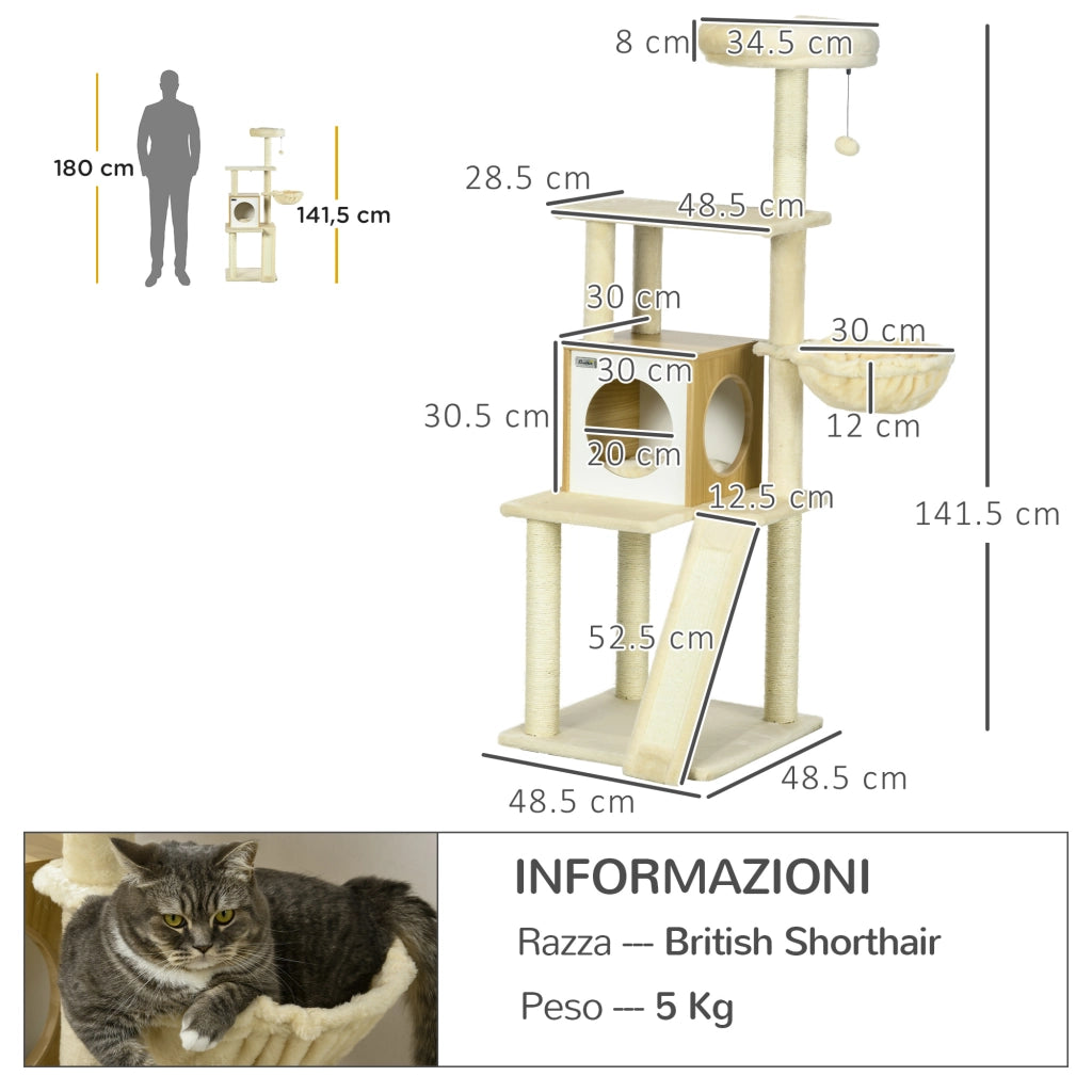 EasyComfort Albero per Gatti con Casetta, Tiragraffi per Gatti, Posatoio e Paletto, 48.5x48.5x141.5 cm, Beige