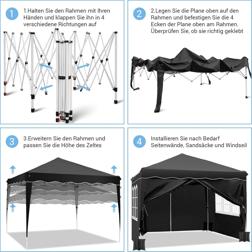 Gazebo Pieghevole 3x3 Impermeabile con 4 PCS Sacchi di Sabbia, UV 50+ 4 Pareti Laterali, Tenda da Campeggio, Giardino, Festival e Feste Nero
