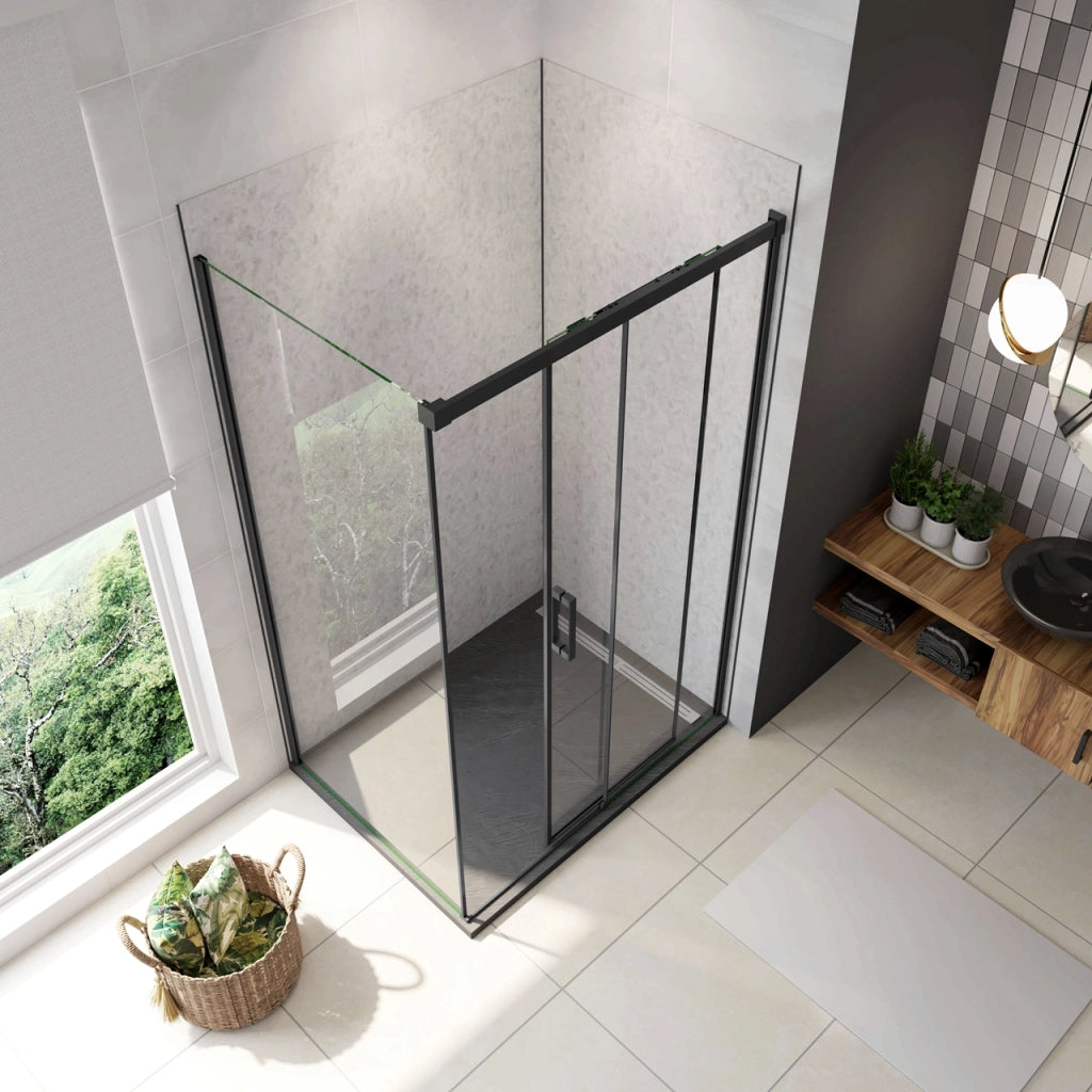 195 cm Box Doccia Angolare 140X70 cm Porta Scorrevole con Parete Fissa Vetro 8 mm Temperato Anticalcare Trasparente Profilo Nero Opaco Softclose