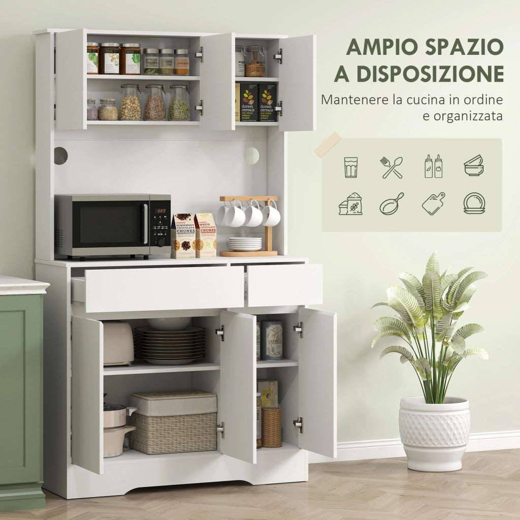 Credenza da Cucina Moderna con 4 Armadietti. 2 Cassetti e Ripiani Regolabili. 100x38x180 cm. Bianco
