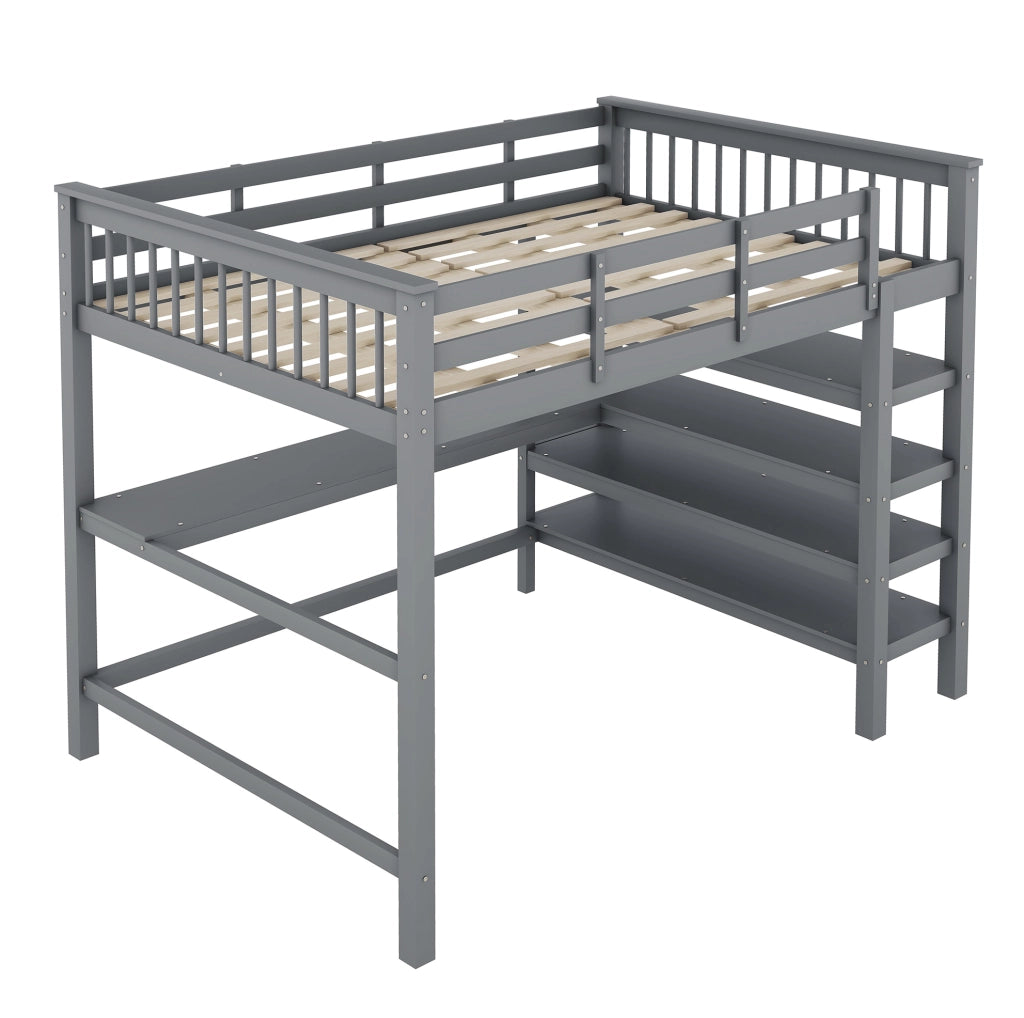 Letto a soppalco 140x200 cm con scrivania e vani portaoggetti in pino e MDF grigio
