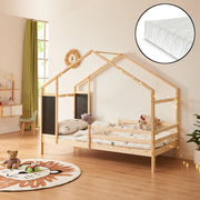 Letto a Casetta Lorenskog per Cameretta con Materasso 90 x 200 cm in Legno di Pino con Barriera Anticaduta - Naturale [en.casa]