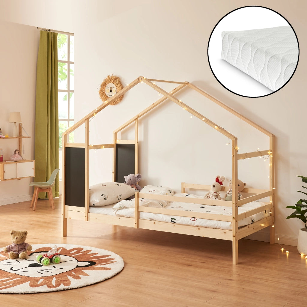 Letto a Casetta Lorenskog per Cameretta con Materasso 90 x 200 cm in Legno di Pino con Barriera Anticaduta - Naturale [en.casa]