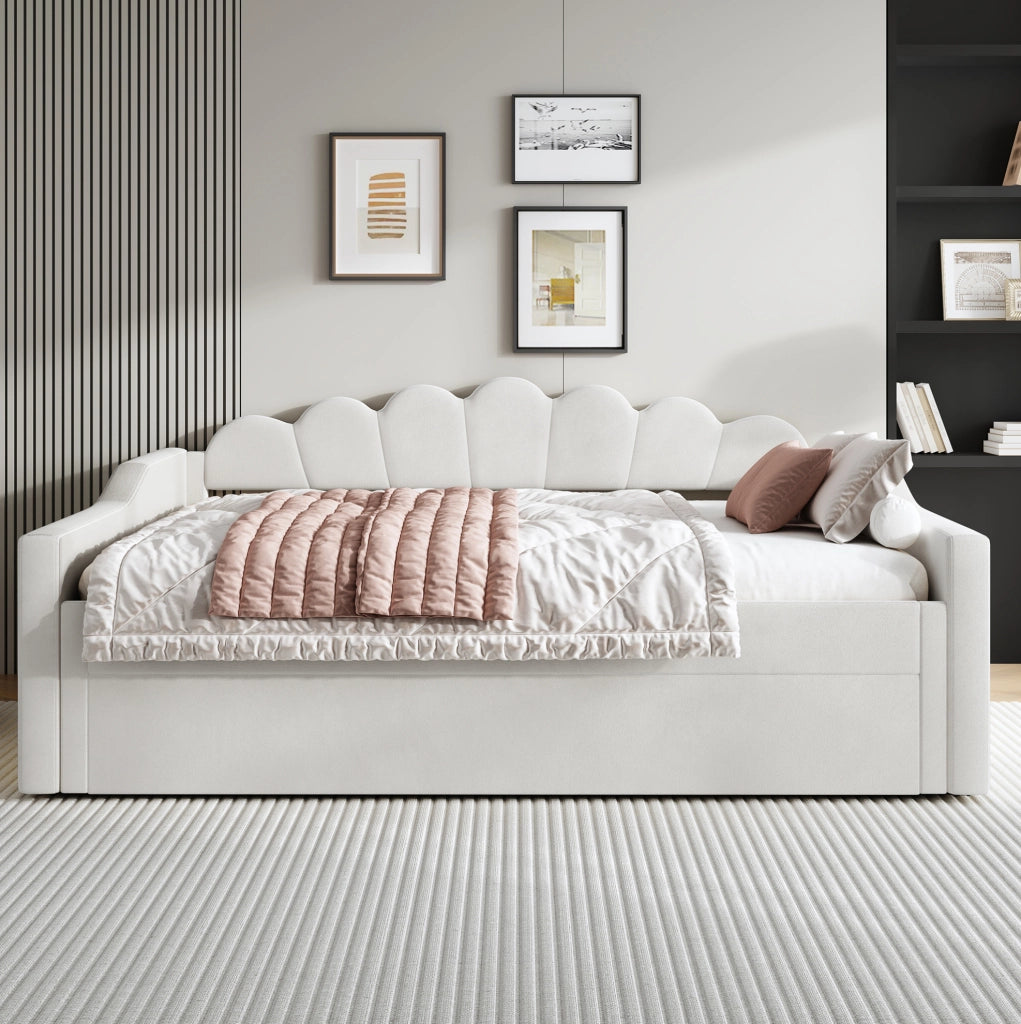 Letto imbottito 140x200 cm con LED laterali e letto estraibile beige