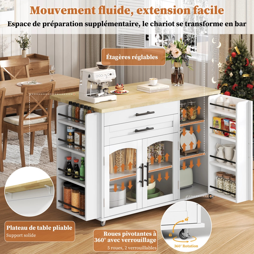 Carrello da Cucina con 2 Ante in Vetro; 2 Cassetti; Piano Ribaltabile e 5 Ruote; in MDF; 120 x 45(70) x 90 cm