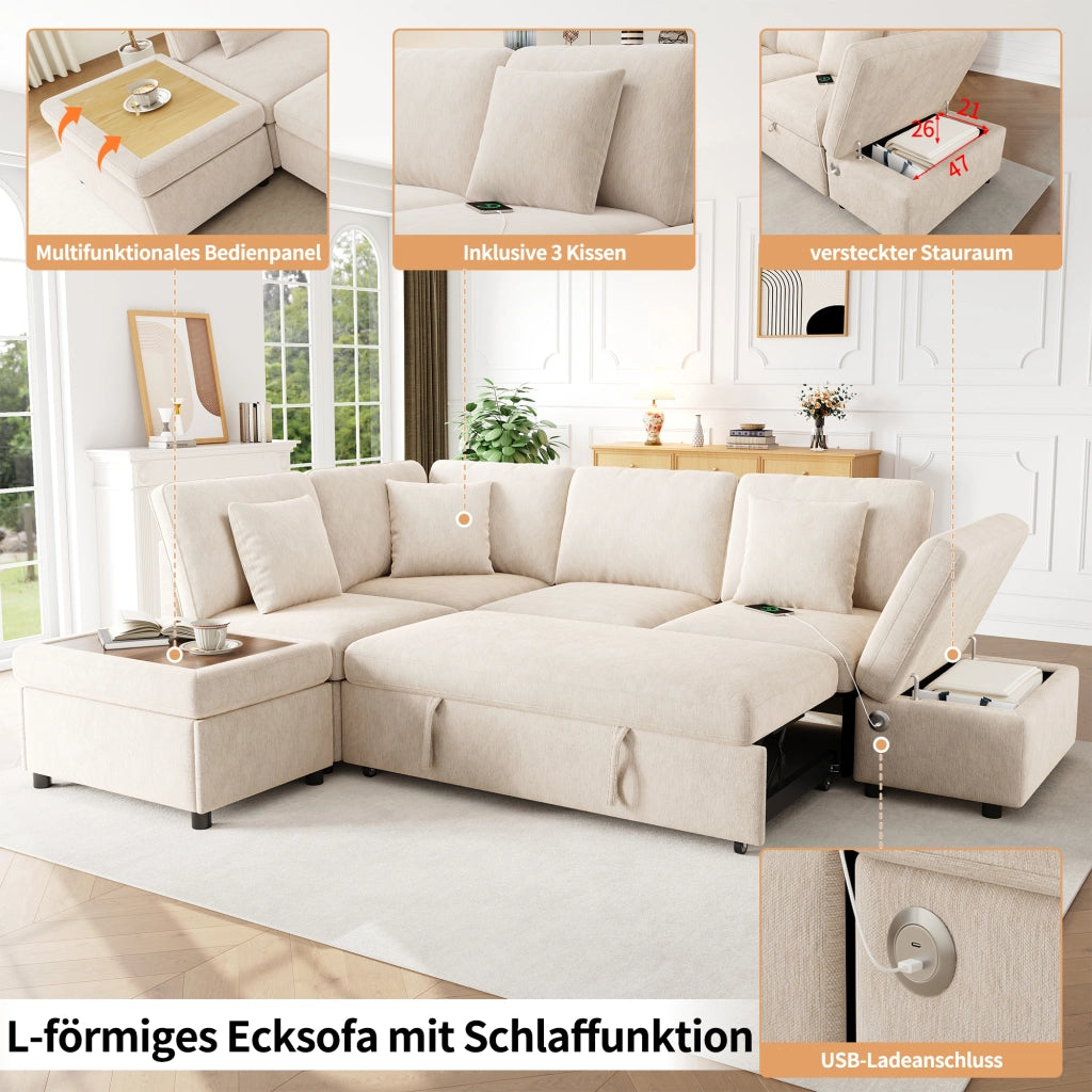 Divano angolare modulare con letto estraibile, poggiapiedi contenitore e porte USB e Type-C in ciniglia beige