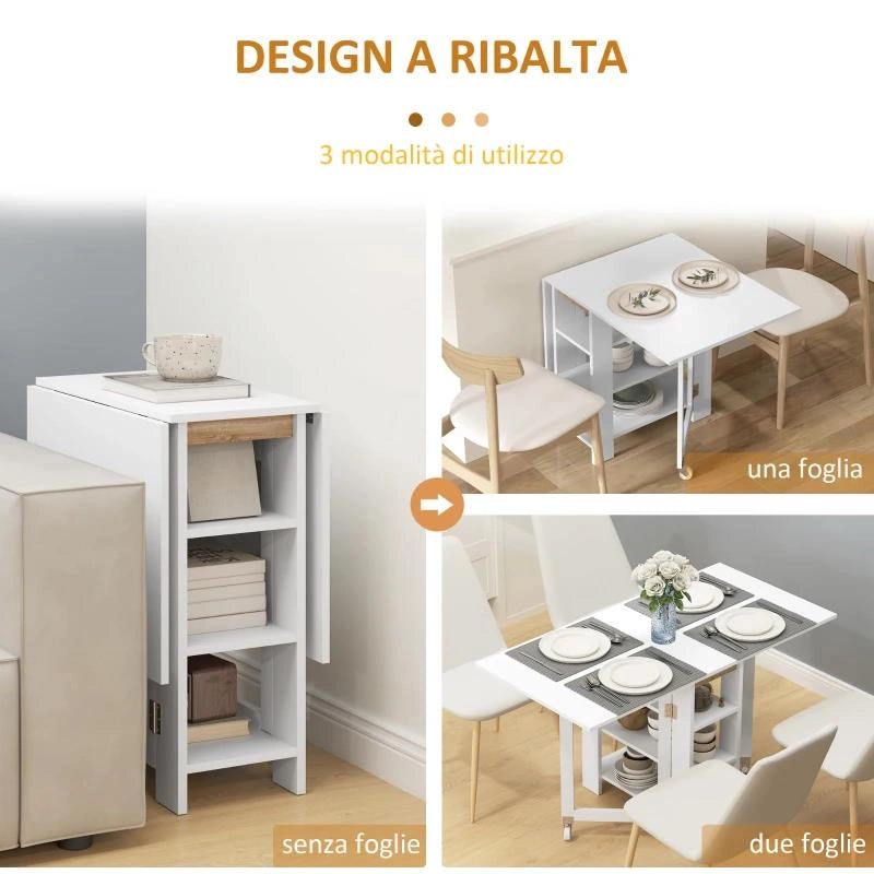 TAVOLO PIEGHEVOLE DA PRANZO CON 2 RIBALTE E RIPIANI, ESPANDIBILE, PER 4 PERSONE, 120X60X75 CM, BIANCO