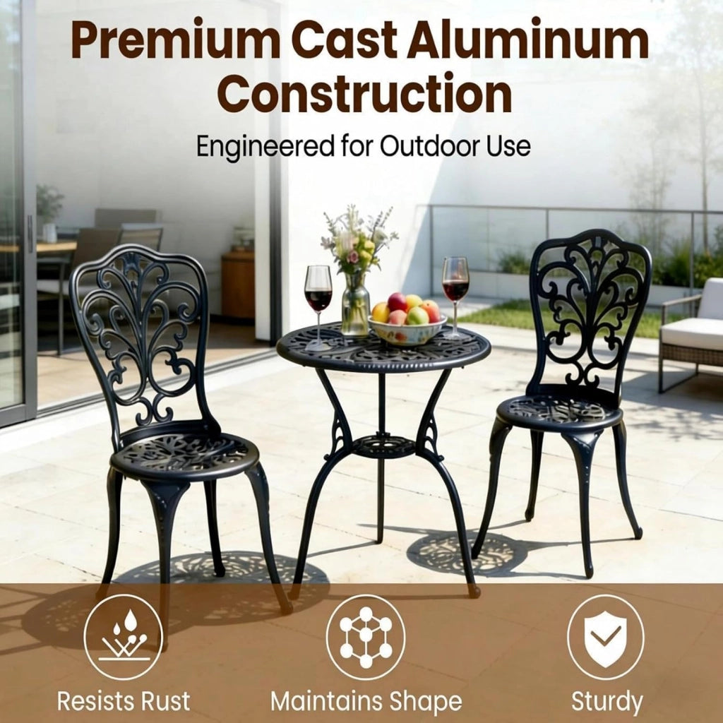 Soggiorno da giardino a 2 posti, tavolo da esterno e 2 sedie con schienale in alluminio pressofuso, foro per ombrellone, stile vintage, mobili da giardino 3 pezzi per terrazza, balcone, patio