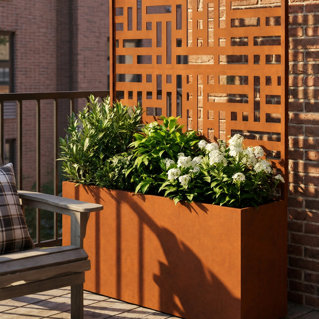 Fioriera con Spalliera Bernalda a 4 Rotelle 146 x 83 x 31 cm Acciaio Corten - Marrone Ossidato casa.pro