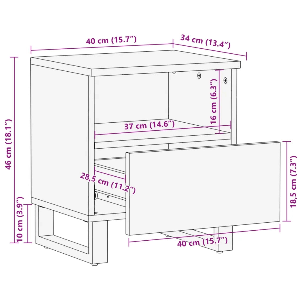 Comodino 40x34x46 cm in Legno Massello di Mango Sbiancato
