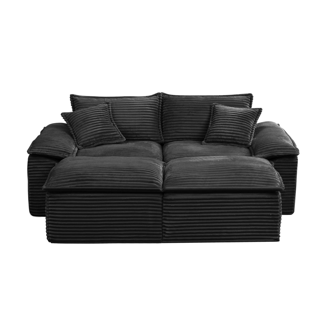 Divano a 2 posti con pouf in velluto a coste, schiuma elastica e molle, facile da pulire, per soggiorno, nero