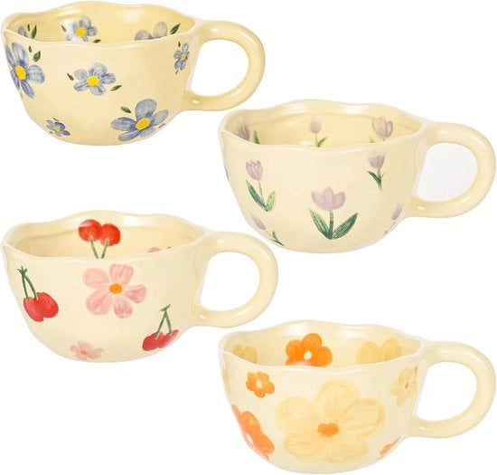 Set di 4 Caffettiere in Ceramica Vintage con Fiori - Disegno Unico per Latte e Cioccolato