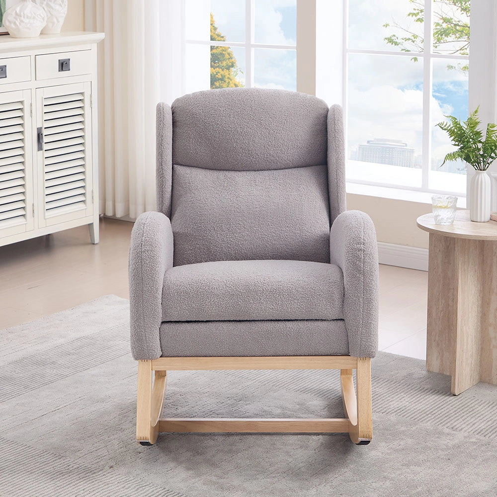 Sedia a dondolo per allattamento - Xylo - Struttura in legno, tessuto Teddy, poggiapiedi regolabile, grigio