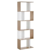 Scaffale Libreria a 5 Ripiani Suddivisi, Libreria Salvaspazio a Forma di S in Legno, Scaffale Divisorio per Soggiorno, Camera da Letto e Ufficio, 60x24x184.5 cm, Color Legno e Bianco