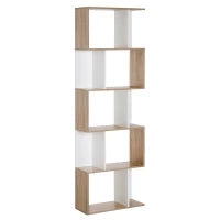Scaffale Libreria a 5 Ripiani Suddivisi, Libreria Salvaspazio a Forma di S in Legno, Scaffale Divisorio per Soggiorno, Camera da Letto e Ufficio, 60x24x184.5 cm, Color Legno e Bianco