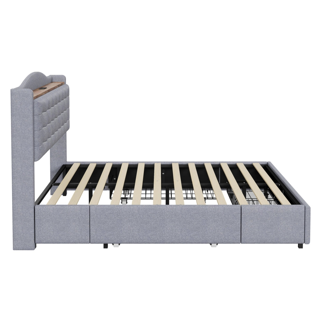Letto matrimoniale imbottito 160x200 cm grigio con porta USB; 4 cassetti e mensola