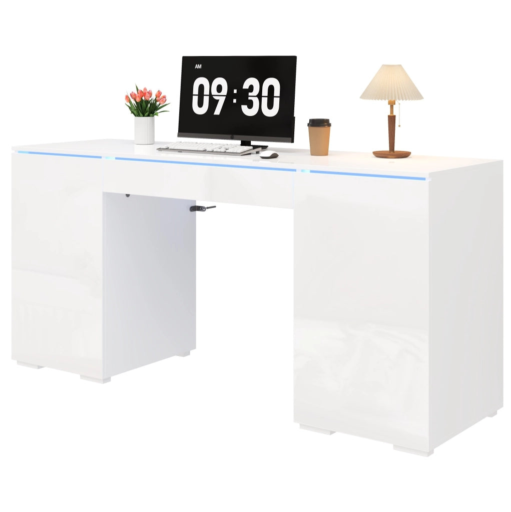 Scrivania moderna 140x50 cm in bianco lucido con LED; 1 cassetto e 2 ante
