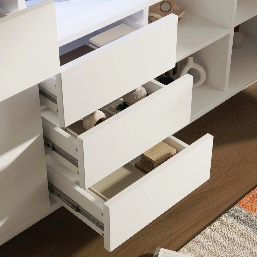Credenza bianca 160x40x75 cm con LED, 4 cassetti, 2 ante e ripiani regolabili