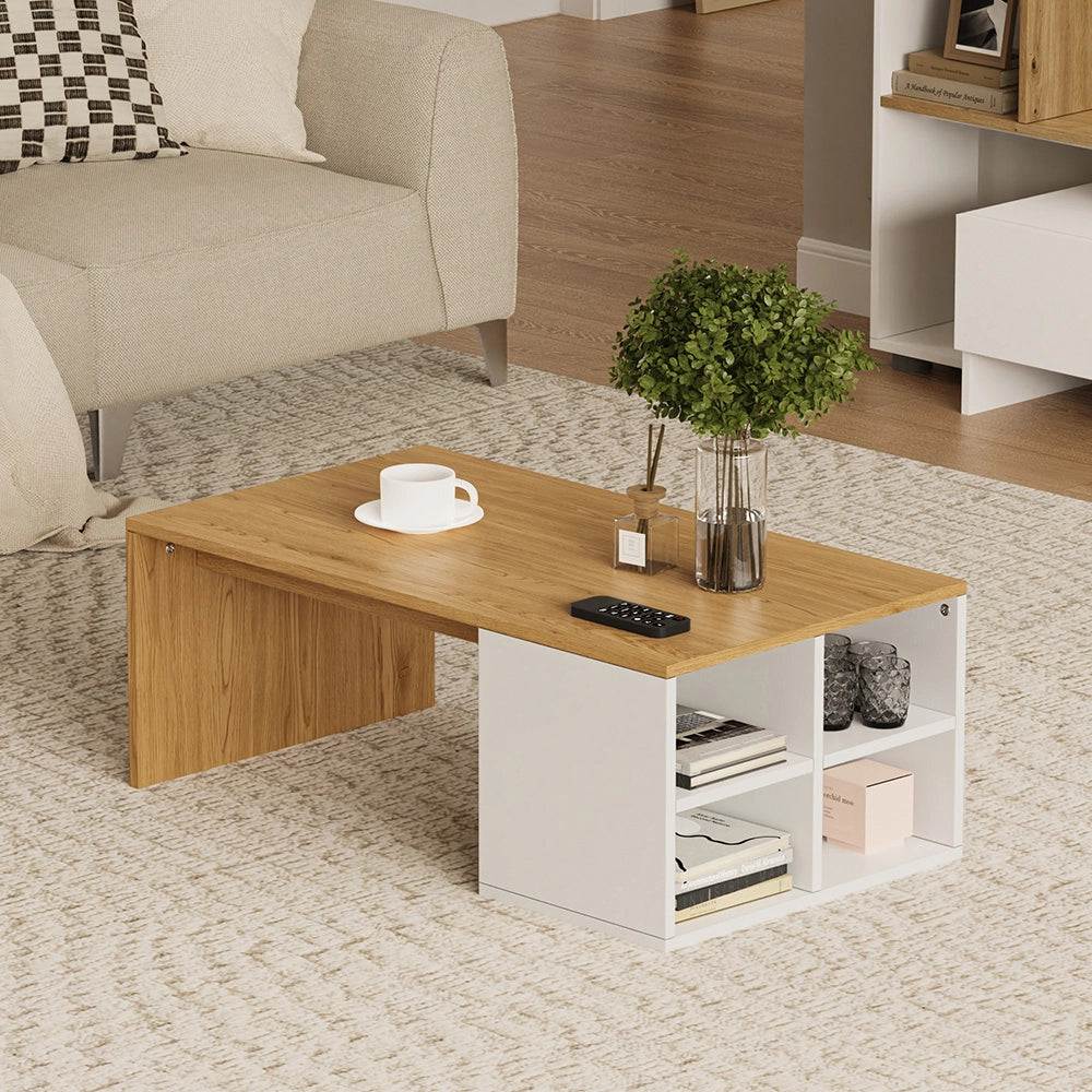 Vicco Tavolino da salotto Bianco/quercia 90 x 50 cm con 4 scomparti aperti
