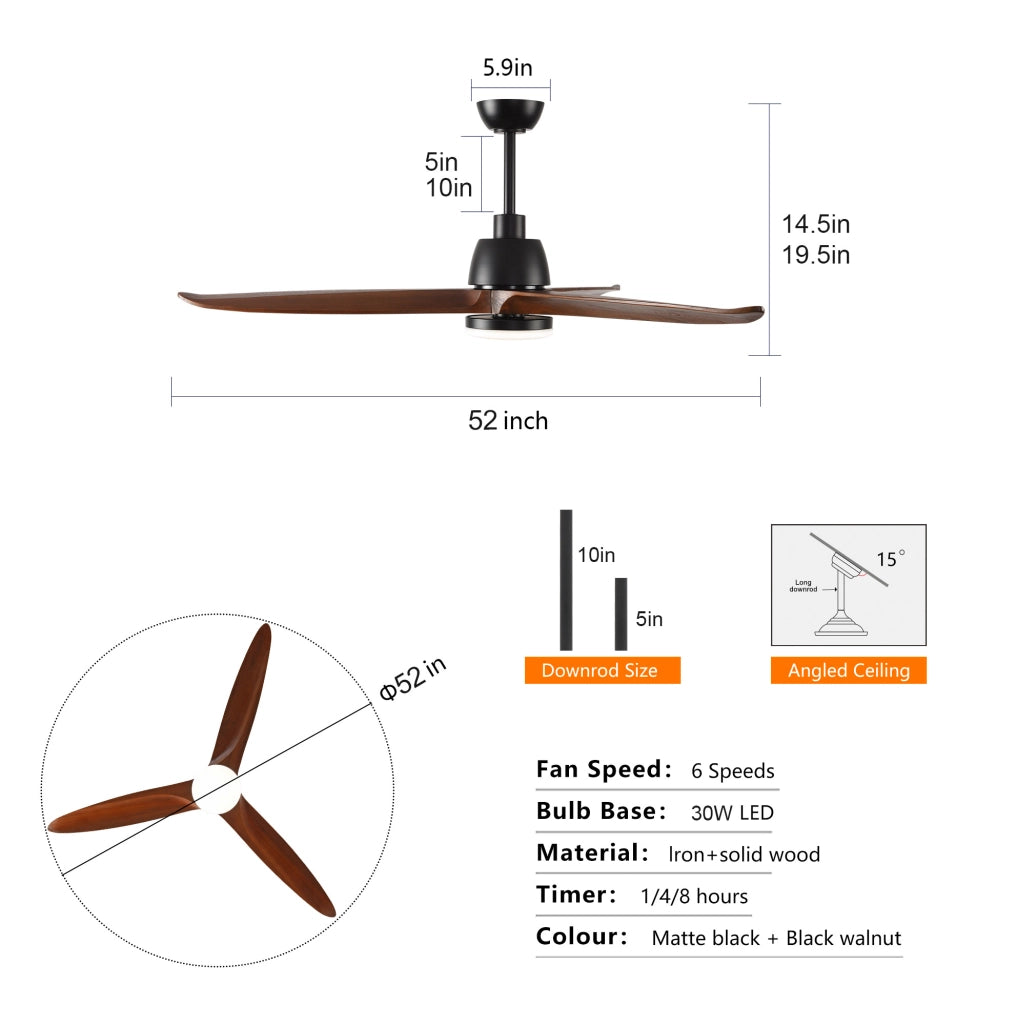 Ventilatore da soffitto 52" con luce LED a 3 tonalità; 3 pale in legno massello; nero e noce scuro