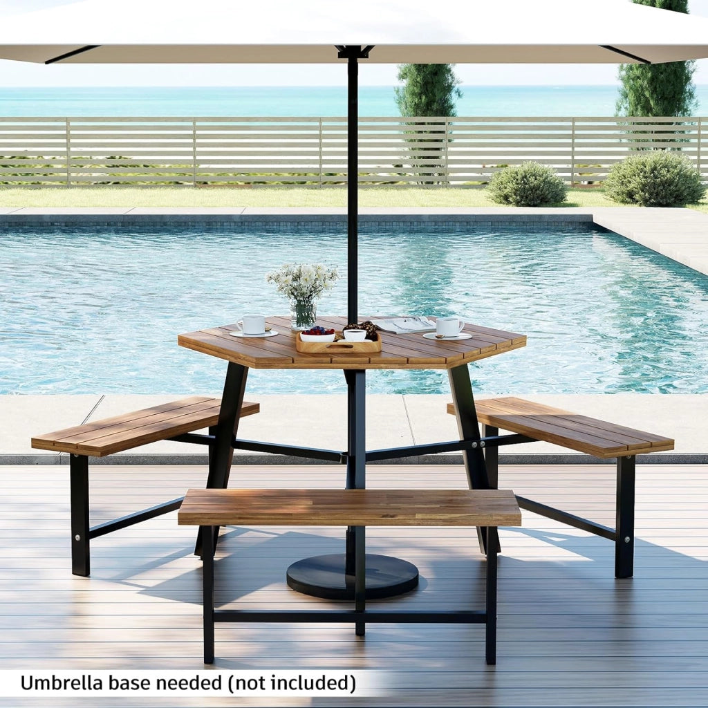 Tavolo da Picnic per 6 Persone, Tavolo da Giardino in Legno di Acacia con Foro per Ombrellone e 3 Panche Integrate, Set da Pranzo Resistente alle Intemperie per Terrazza, Cortile, Giardino