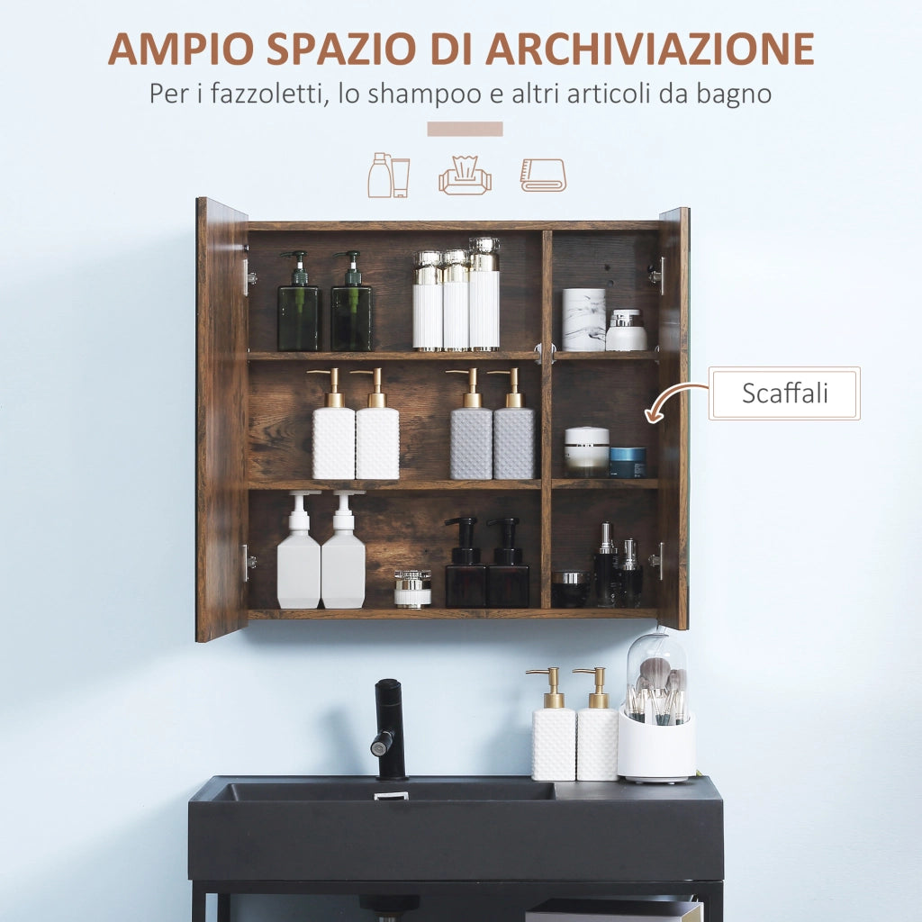 Specchiera Bagno con Luci LED Regolabili, 2 Ante e Mensola Regolabile, 70x15x65cm, Marrone
