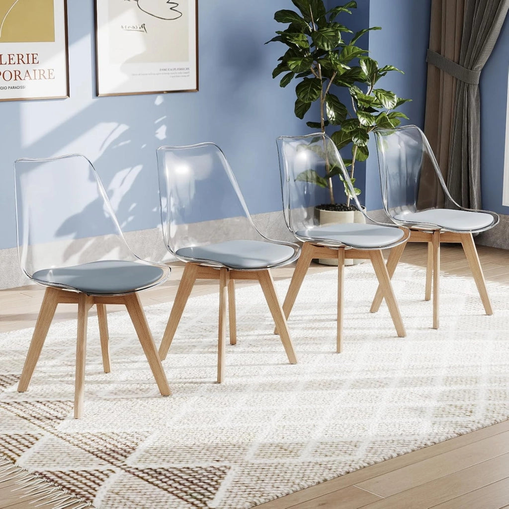 Set di 4 Sedie da Cucina Trasparenti, Sedie per Sala da Pranzo Moderne con Gambe in Legno e Seduta Imbottita, Sgabello senza Braccioli per Soggiorno e Camera da Letto, Portata 150 kg (Grigio)