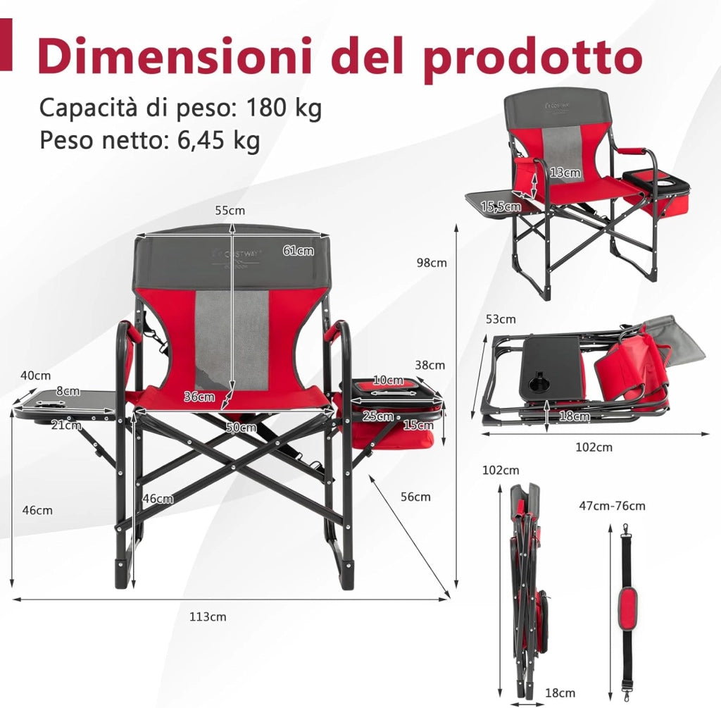 Sedia da Campeggio Pieghevole, Sedia da Regista Robusta con Tavolino, Borsa Frigo, Borsa Portaoggetti e Cinghia, Portata 180 kg, per Campeggio Escursione Pesca Picnic (Rosso)