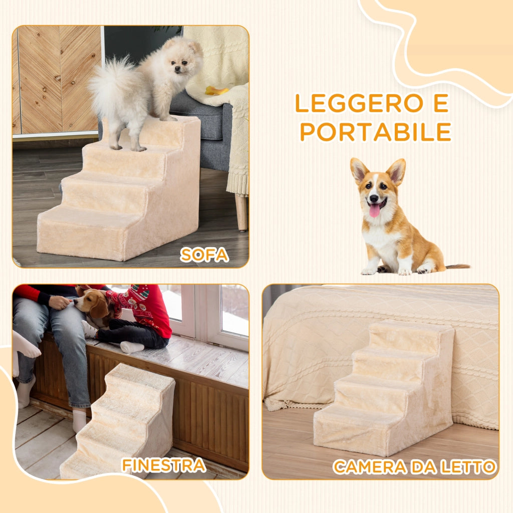 Scaletta per Cani Portatile 4 Gradini ¨C zephmum ¨C 60x35x44 cm Beige Tessuto Vellutato