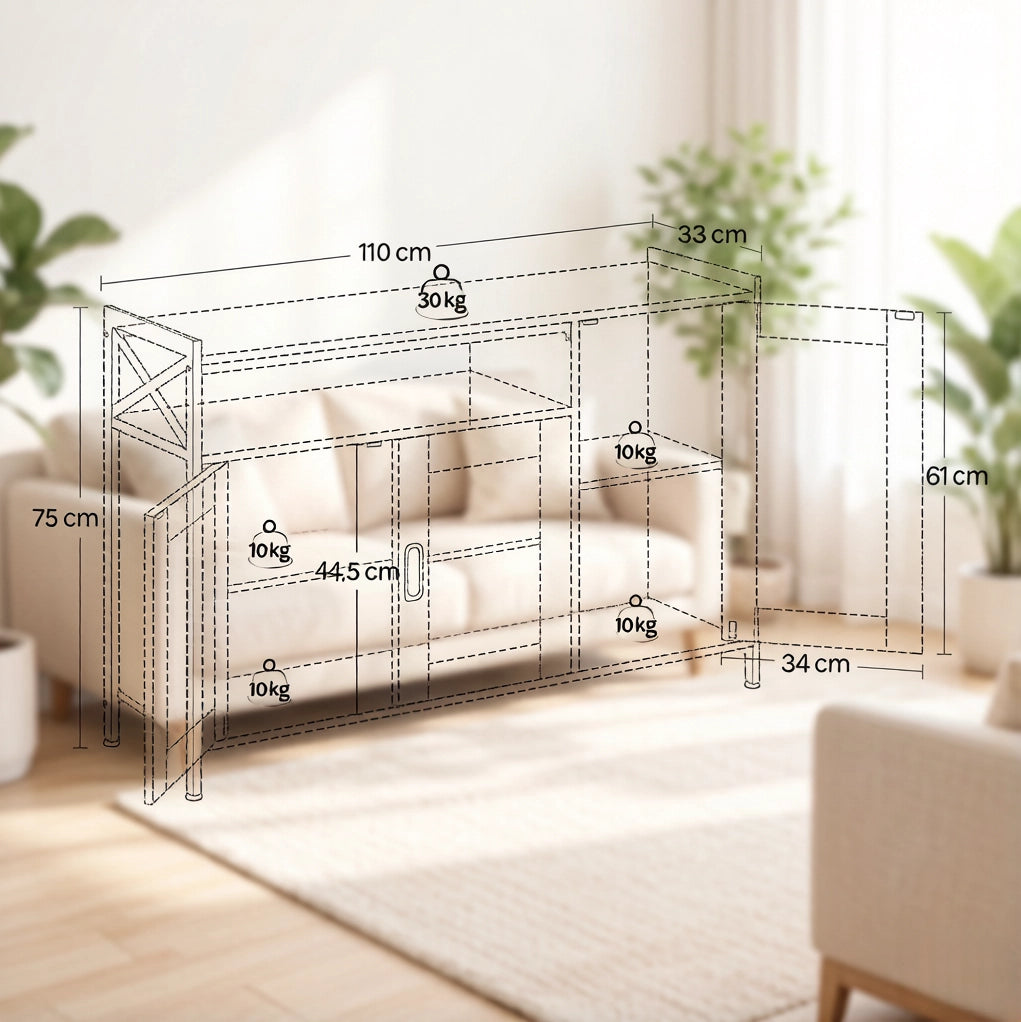 Mobile contenitore stile industriale in legno e metallo rustico 110x33x75 cm con ripiani regolabili