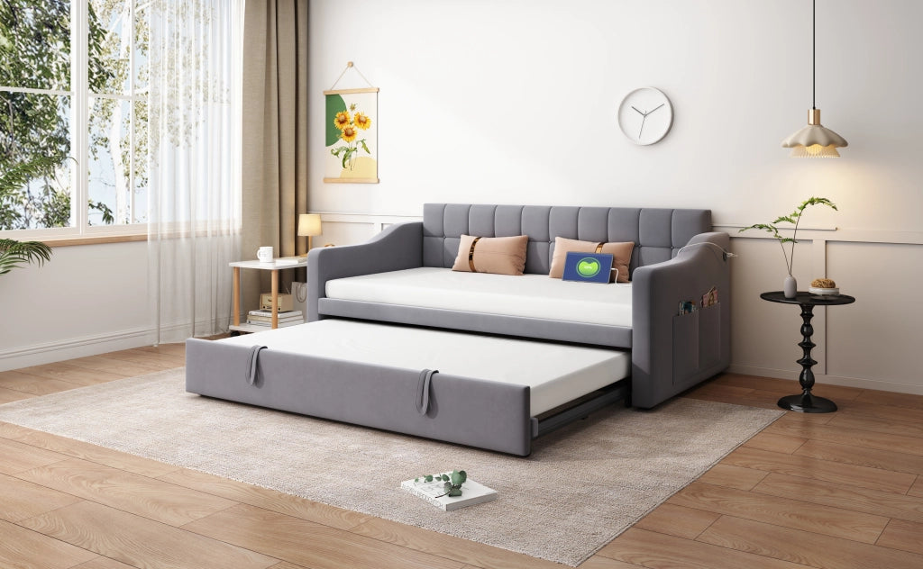Letto divano 2 in 1 imbottito velluto grigio 90x190 cm