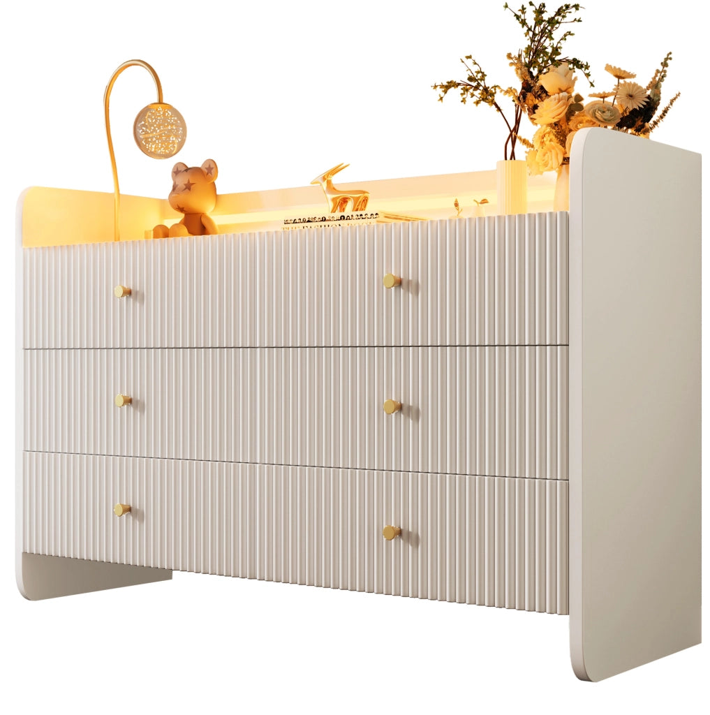 Credenza bianca con LED, 6 cassetti e design a onde, 120 x 40 x 75 cm