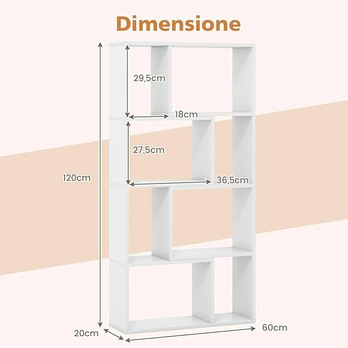 Libreria Geometrica a 4 Ripiani, Organizzatore Moderno con 8 Cubi, Mensola Espositiva a Pavimento, Mobile di Stoccaggio in Legno per Soggiorno Camera da Letto Studio, 60x20x120 cm (Bianco)