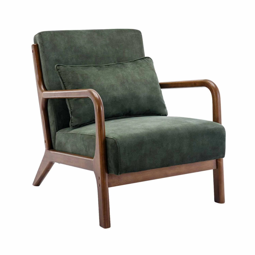 Poltrona scandinava in velluto e legno di hevea tinto noce scuro, kaki
