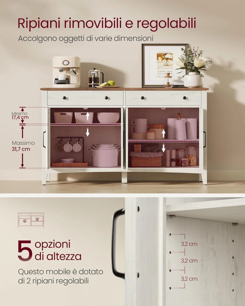 VASAGLE Credenza Cucina, Mobiletto con Cassetti, Mobile con Ante e Ripiani Regolabili in Altezza, Stile Farmhouse, per Soggiorno Sala da Pranzo, 40 x 140 x 80 cm, Bianco Rustico e Noce Medio BBK381W02