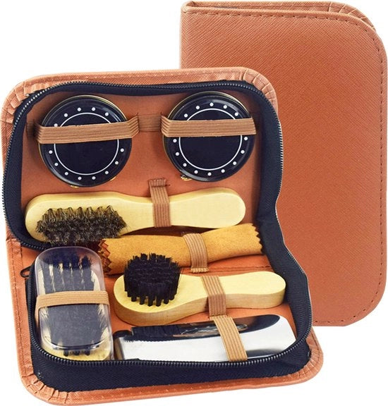 Set di pulitori per scarpe - Set di pulitori per scarpe - Con creme per scarpe, spazzola, pinza e cera - Set di pulitori per scarpe premium 8 pezzi con 2x creme per scarpe in astuccio da viaggio